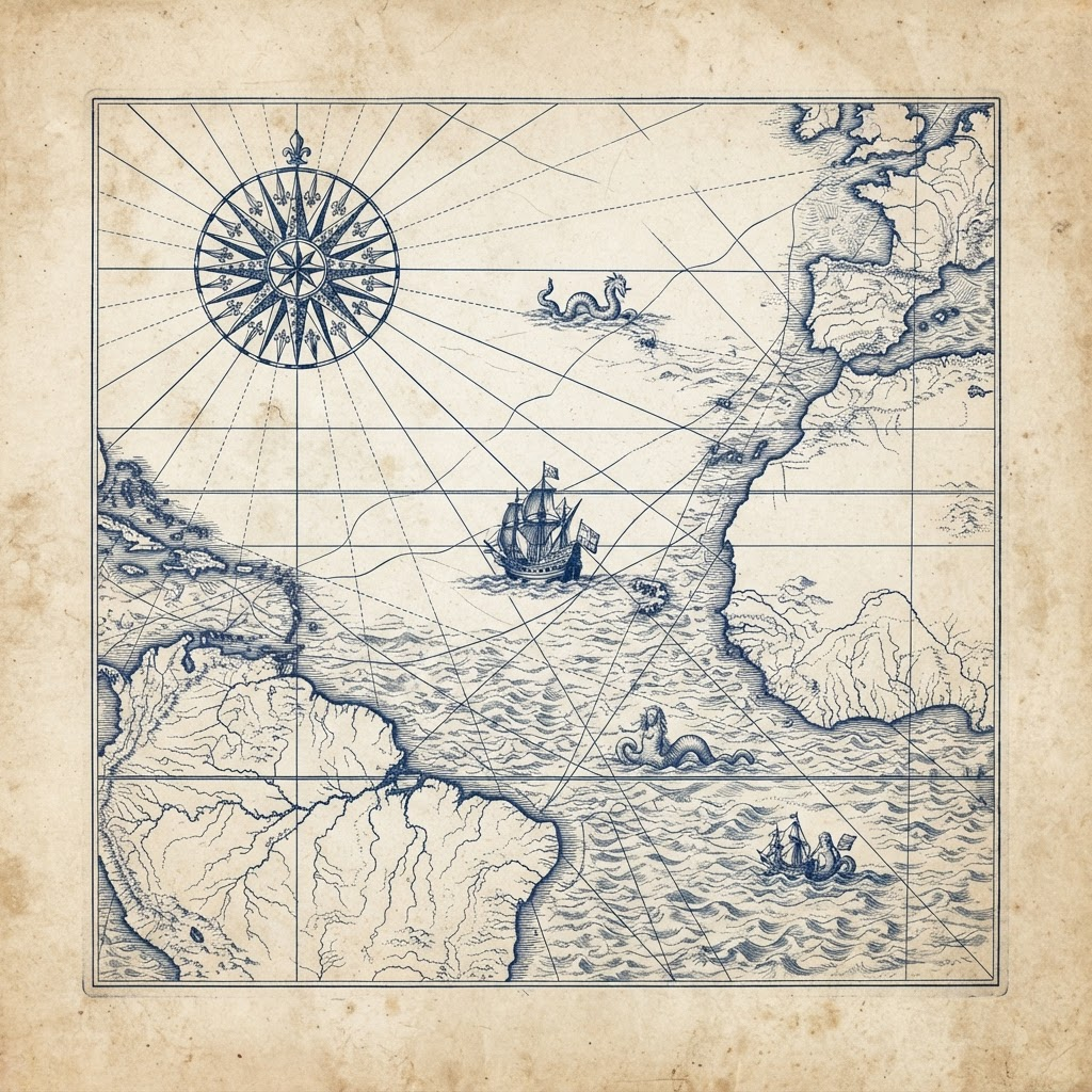 Engraved 17th-century nautical chart with a compass rose and sailing ship, evoking the era of the Dutch East India Company
